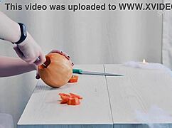 Erotic pumpkin carving with sexy ghostface