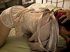 1496 full blonde amateur French slut in cotton beaded dress and pink satin panties fucks in doggystyle with rimming blowjob POV