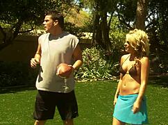 Eva Angelina deepthroats and fucks a thick dick outdoors, it's so intense.