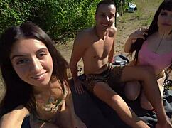 Casual Foursome SEX Outdoors with Two BIG-ASS Brunettes in Tight Action.