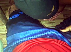 hot evangelical gives blowjob under table, cum on big tits