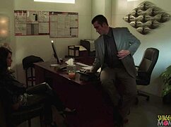 i got so wet licking their asses while bent over the desk in this threesome with the burglar guy