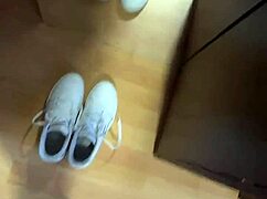 intriguing barefoot feet with smelly socks and nylon in early morning