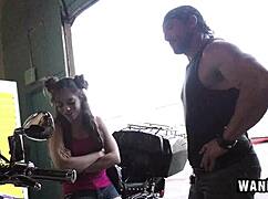 Bad girl teen 18+ sucks her mechanic's cock. She fucks him hard in casting session with cumshot.