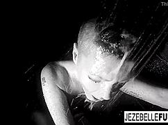 Nude brunette MILF Jezebelle Bond masturbates pussy in steamy shower, flaunting big tits and ass