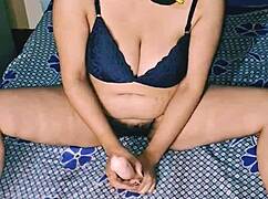 I felt so aroused watching this desi indian girl with big boobs shove a dildo into her hairy wet pussy while moaning loudly