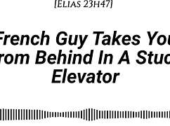 french guy takes you from behind in a stuck elevator, whispering dirty talk in your ear with emotional kissing and slow foreplay