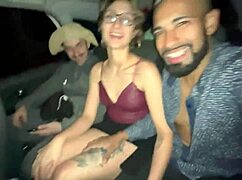 Blonde girl gets wild with two guys in the car, her tight pussy and small tits on display