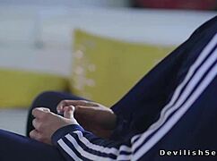 dark haired teen athlete seduces coach with sucking and bent over fucking in group hardcore scene