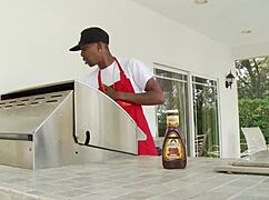 black milf in stockings licks and fucks in lingerie threesome