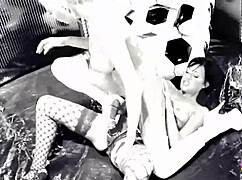 brunette undresses for pov striptease, licking dildo with orgasm