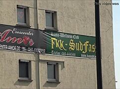 a tourist explores outside eros center amor in frankfurt germany, european adventure.