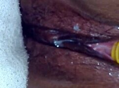 the woman masturbates with sextoy to orgasm and creampie