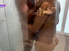 Enjoying big black guy in shower while cuckold drinks beer 😎