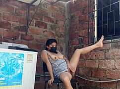 Slutty neighbor exposes wet pussy under dress in yard