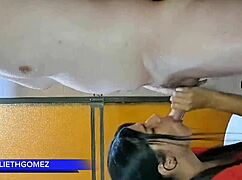 at the gym, i give my stepfather a great blowjob while the trainer watches us