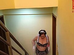 depraved maid regina noir cleans stairs and shows pussy