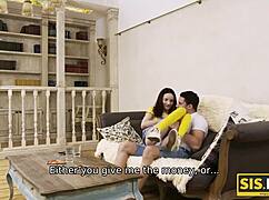 Dirty babe binds rich stepbrother to fuck her shaved pussy hard!