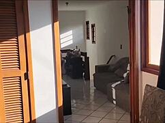 Wife almost catches husband licking girlfriend's pussy in the kitchen