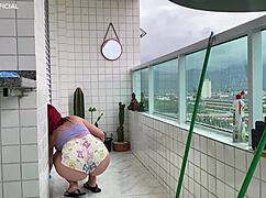 Security camera captures maid in tight shorts