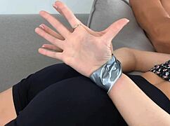 Mom's friend enjoys sucking dick with hands bound, moaning deeply.