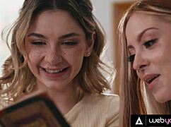 Petite blonde Demi Hawks and redhead bestie Kait try explicit lesbian sex during study session.