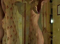 Cute European girl strips with feathers