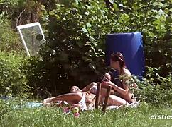 Story of lesbian babes having sexy fun outdoors with kissing, clit play, and masturbation