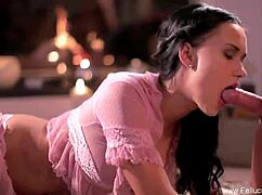 Brunette girlfriend gives intense blowjob by the fire with cumshot.