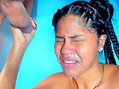 Brunette swallows cock with messy saliva spill