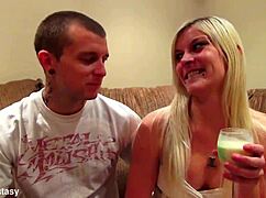 Blonde babe introduces herself in amateur casting interview with couple