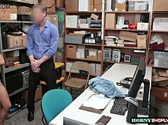 Aryana, the shoplifter, casually rides the officer's huge cock in the shop.