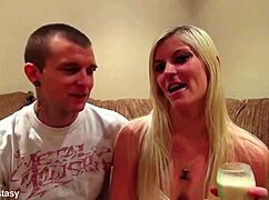 Blonde babe introduces herself in amateur casting interview with couple