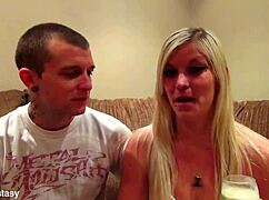 Blonde babe introduces herself in amateur casting interview with couple