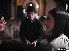 Lesbian Couple Make Priest Lick Pussies!