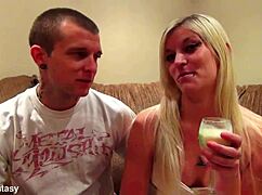 Blonde babe introduces herself in amateur casting interview with couple
