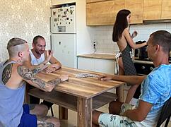 'I lost my wife at cards,' he says. 'Now she gets triple creampie on kitchen table.'