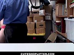 The security guard says, 'Suck my big cock, April Reid, to avoid jail.'