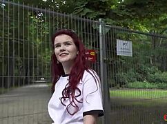 German scout spots redhead football fan Mia Malkova, picks her up for a rough public anal fuck at the outdoor viewing event, including deepthroat blowjob and facial cumshot.