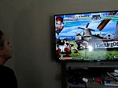 VIDEO GAMES AND SEX with blonde milf in miniskirt blowjob and gaping