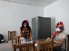 housemaid sensually touches body and flirts with dildo while feeding blind man