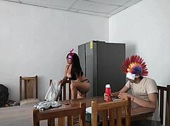 housemaid sensually touches body and flirts with dildo while feeding blind man