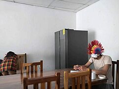 housemaid sensually touches body and flirts with dildo while feeding blind man