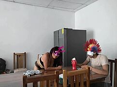 housemaid sensually touches body and flirts with dildo while feeding blind man