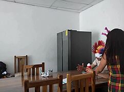 housemaid sensually touches body and flirts with dildo while feeding blind man