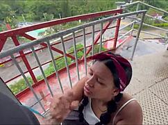 Intense public hardcore sex with blowjob doggystyle and facial surprise