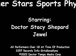 Nurse Jewel gives soccer star sports physical, focusing on feet and tickling.