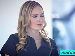 Blonde Lauren Phillips prepares David Lee for wet nuru!