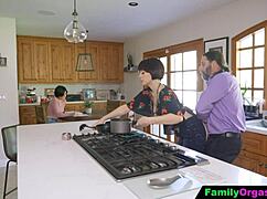 familyorgasm - old man fucks his daring strp daughter and wife while she cooks spaghetti