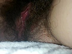 quick bed masturbation with hairy pussy close-up orgasm and big clit cumming